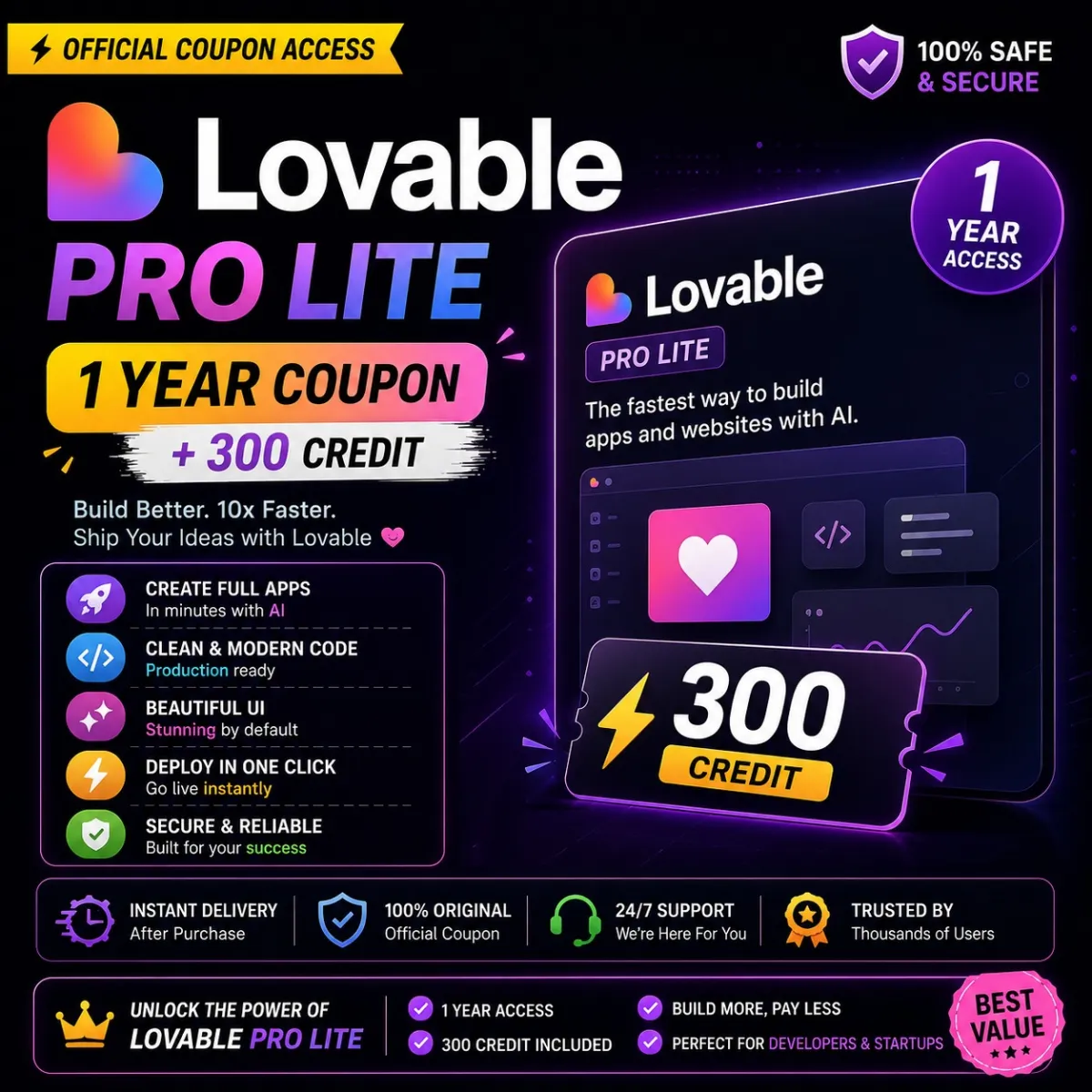 Lovable Pro Lite 1 Year Access + 300 Credits