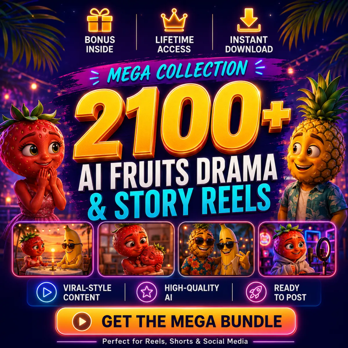 2100 AI Fruits Drama Reels Bundle, Story Videos, Social Media Content