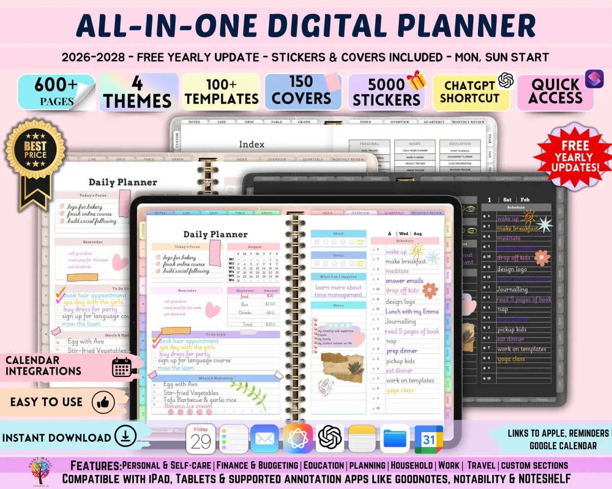 All-in-One Digital Planner 2026, 2027, 2028 Digital Planner, Digital Journal