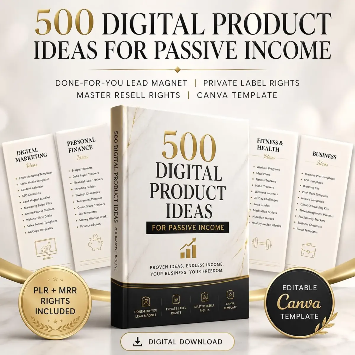 500 Digital Product Ideas – Done For You | MRR + PLR Canva Template