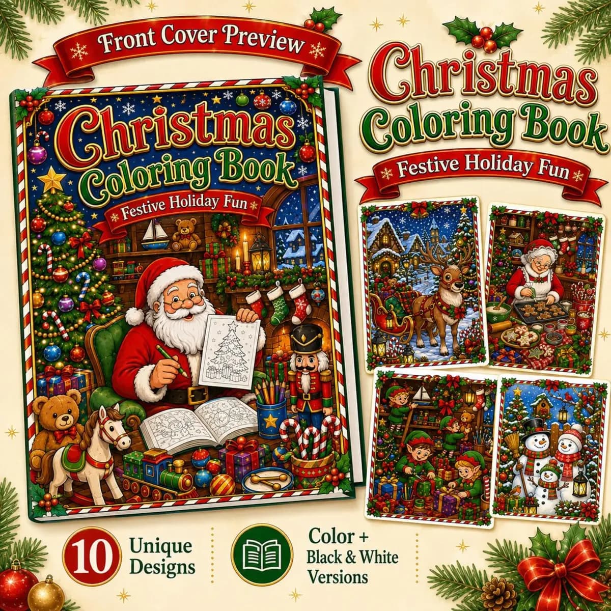 Christmas Coloring Book Printable PDF, 10 Festive Designs