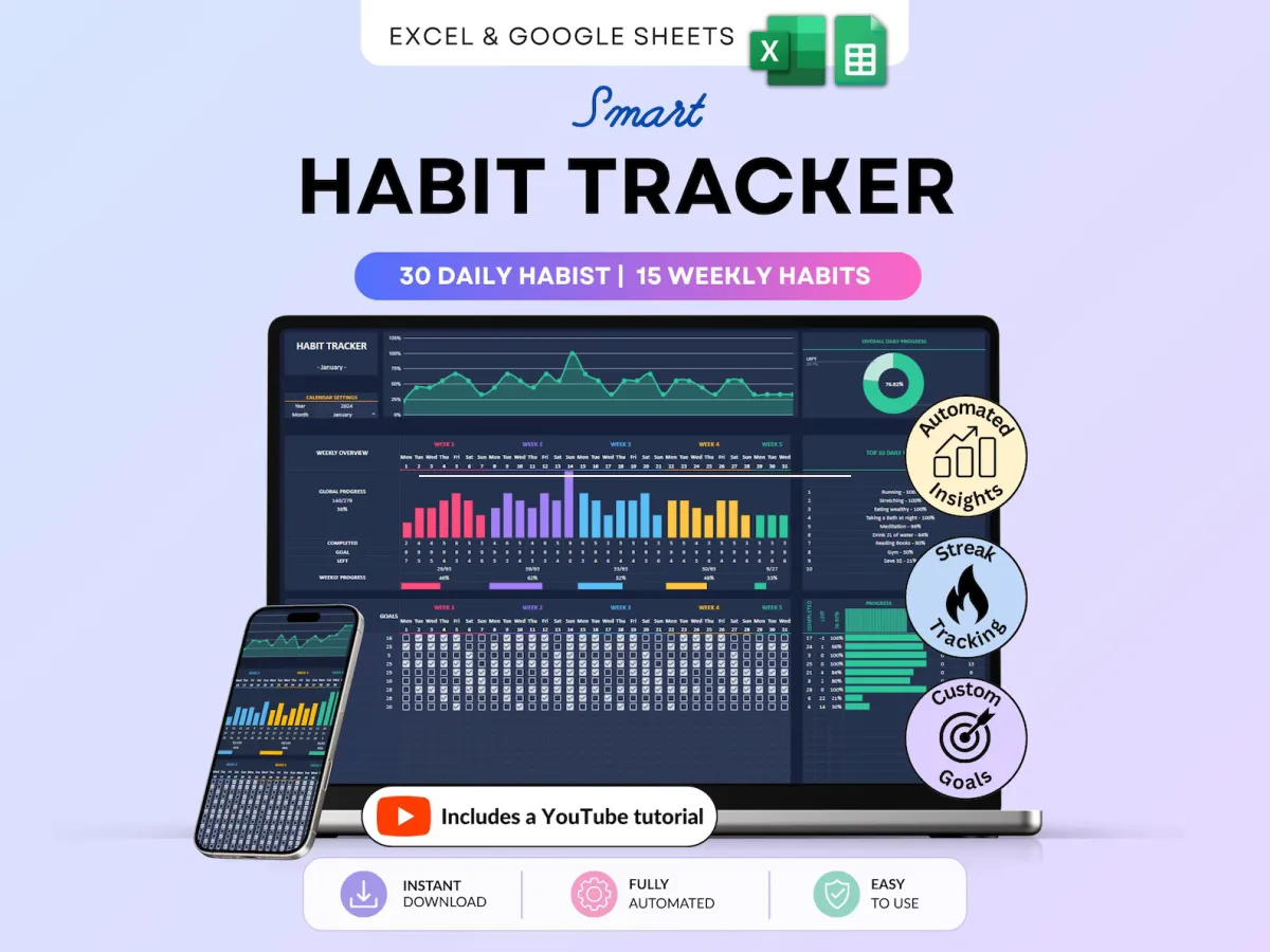 Habit Tracker Spreadsheet Dark Mode Google Sheets Excel