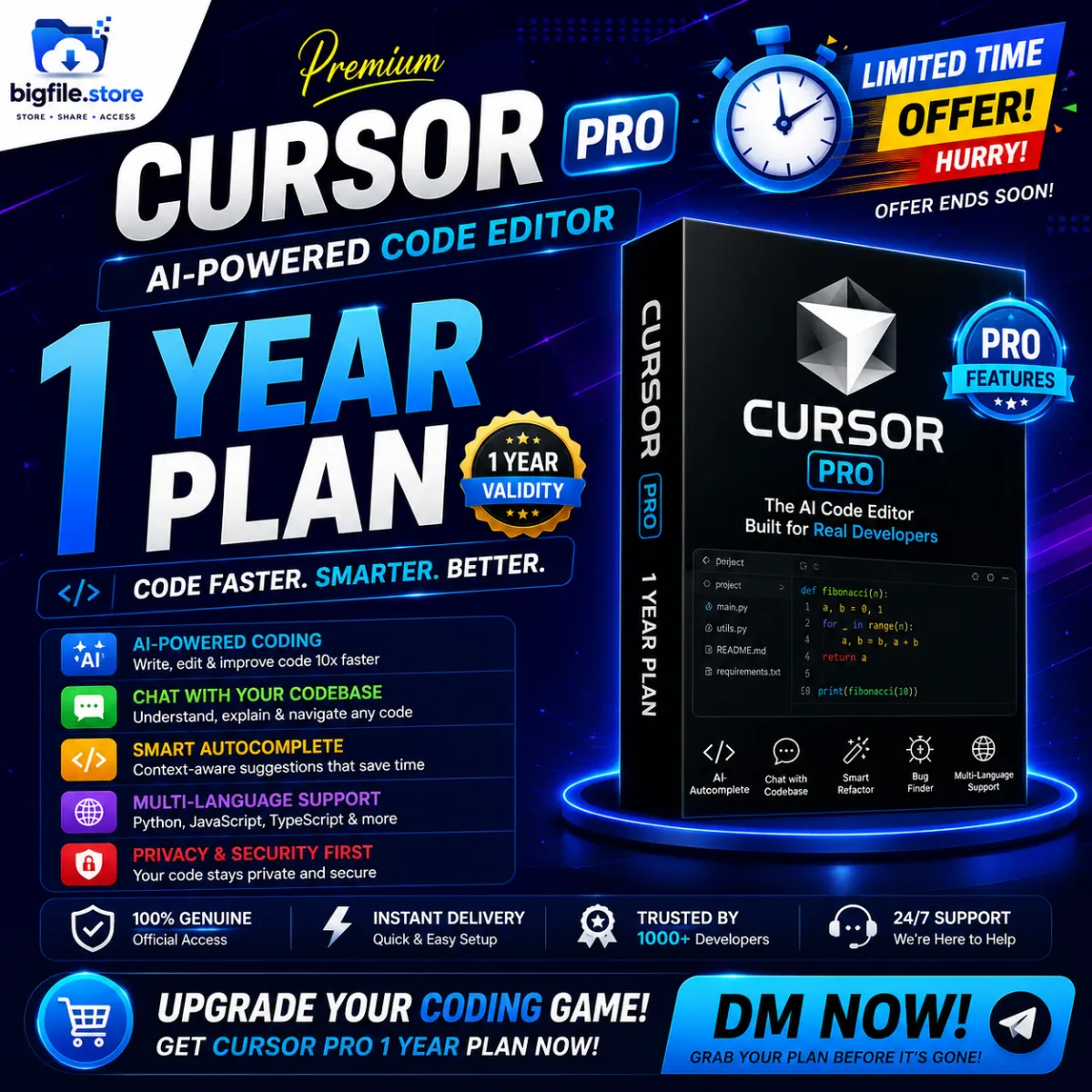 Cursor Pro 1 Year Plan | AI-Powered Code Editor | Premium Developer Tool